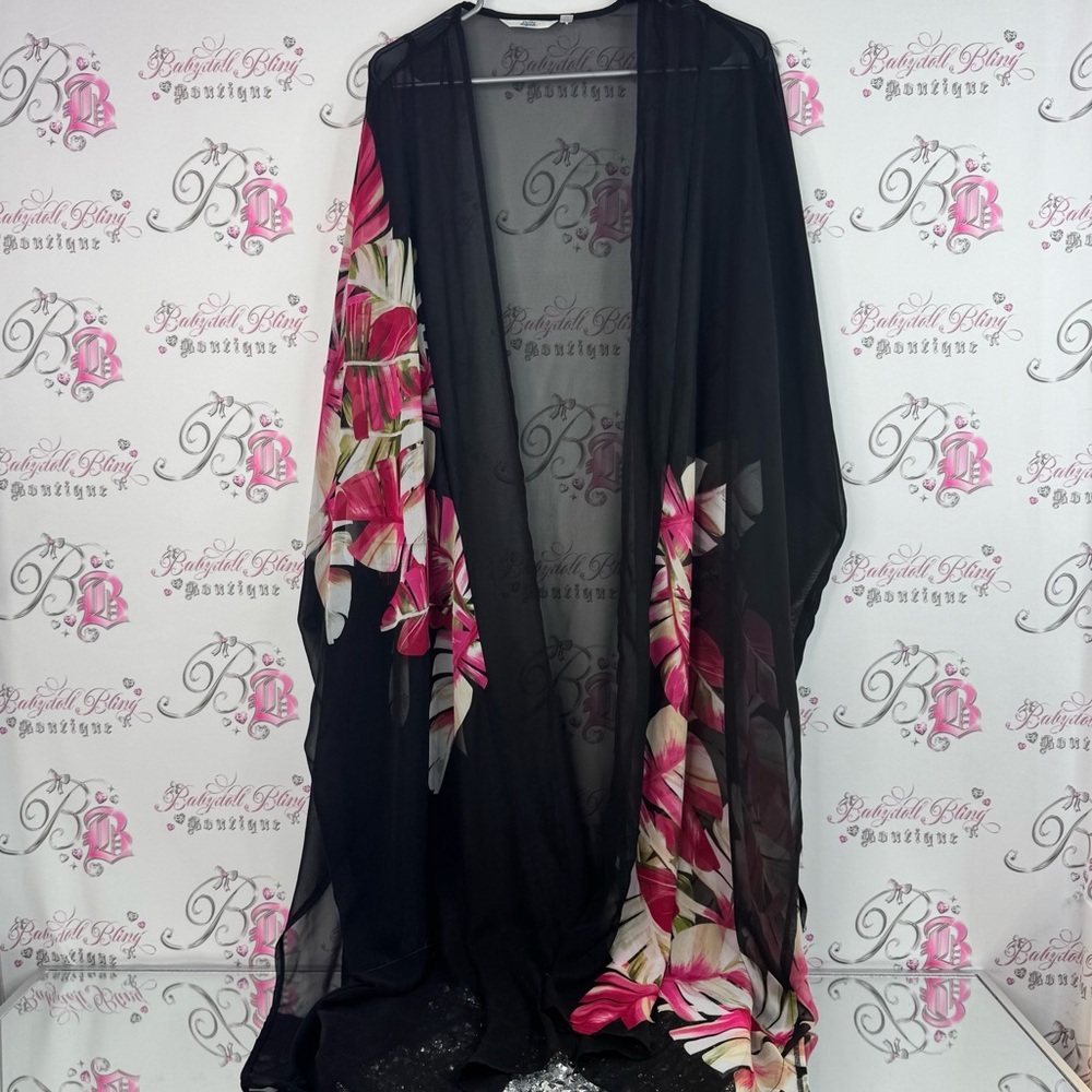 La Vie En Rose Aqua robe cardigan sheer coverup Kimono with Black Trim